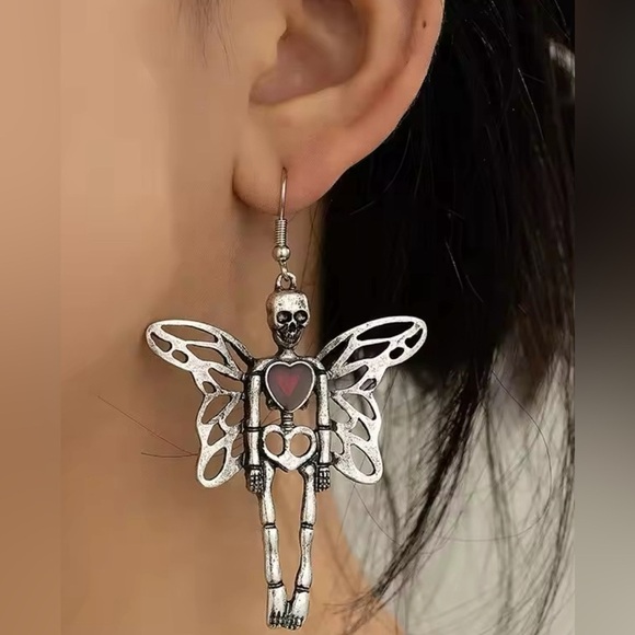 Moon Goddess Emporium Jewelry - 925 Sterling Silver Fairy Folk Skeleton Drop Earrings With Enameled Heart